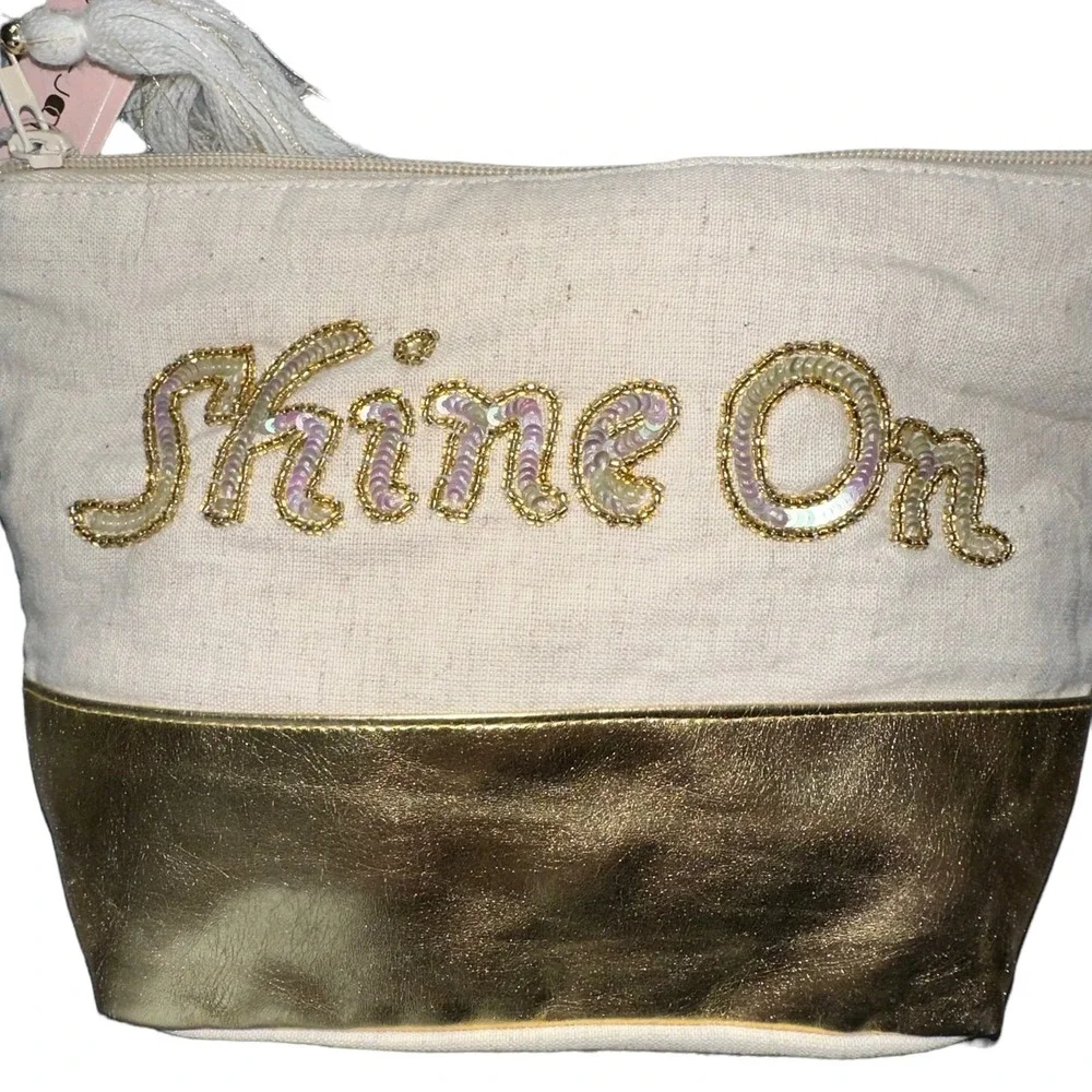 Noir-e-Noire Makeup Bag OS Cream Gold Shine On Sequin Tassel Pouch NEW‎